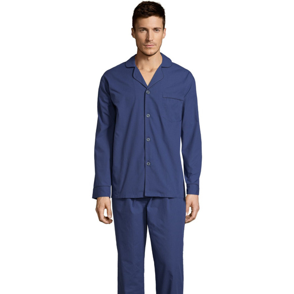 Hanes Long Sleeve, Pant Woven Pajama Set Navy Blue - Picture 1 of 6